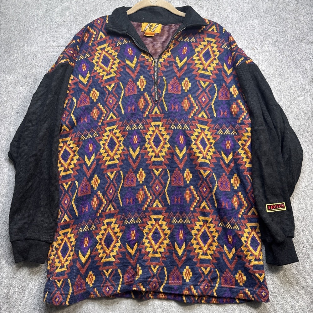 Vintage Aztec Southwestern Knit Quarter Zip Pullover Sweater Men's Large 90s